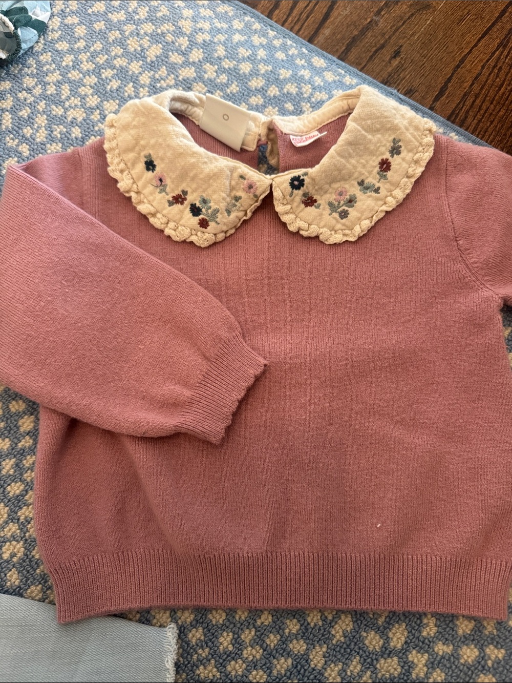 Zara Rose Pink Knit Sweater with Embroidered Cream Peter Pan Collar